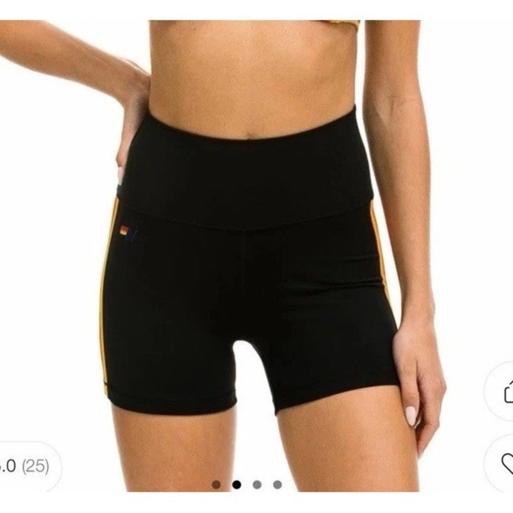EUC AVIATOR NATION 5 Stripe Rainbow 4" High Rise Biker Short Women M BLACK $115 - Picture 2 of 10